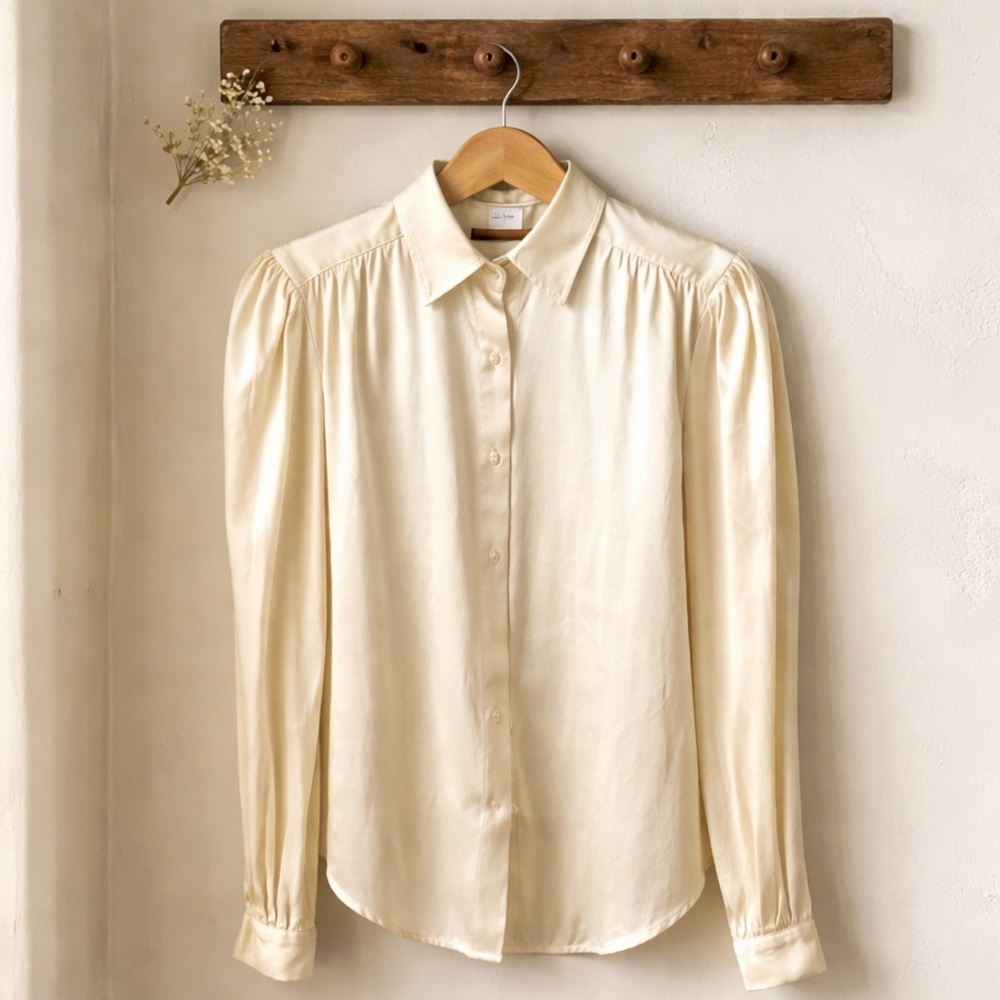 Vintage Tomboy Women’s 90’s Champagne Silk Poet Sleeve Button Up Blouse - Size 9